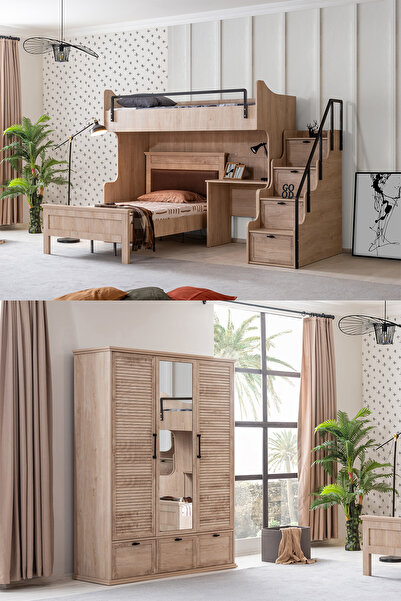 Setay Ranza, Polo Genç Odası Takımı Çift Kişilik Çalışma Masalı Ceviz Ranza + Üç Kapaklı Ceviz Dolap