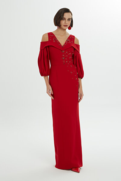 GİZİA Omuz Dekolteli Balon Kollu Kırmızı Uzun Elbise