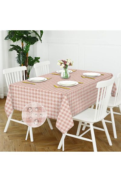 Evim Pink Plaid Canvas Tablecloth - Liquid Proof and Stain Resistant