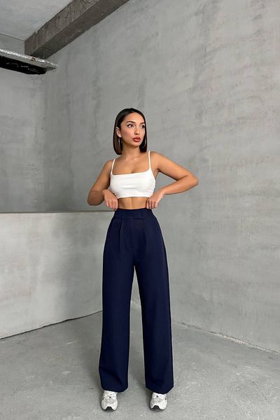 Neşeli Butik Women's Navy Waist Velcro Palazzo Fabric Pants Nbg063