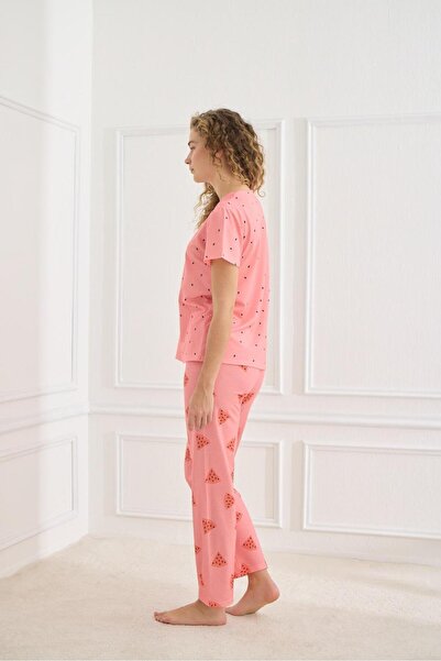 Elit Dark Pink Fruit Time Short Sleeve Single Jersey Combed Cotton Pajamas Set - Lycra and Soft Texture