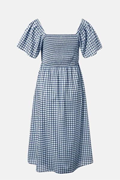 Tchibo Women Gingham Square Neckline Short Sleeve A-Line Dress, Blue