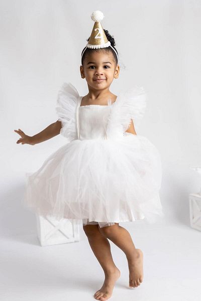 Le Mabelle Ecru Girls' Dress with Tulle Shoulders - Caroline