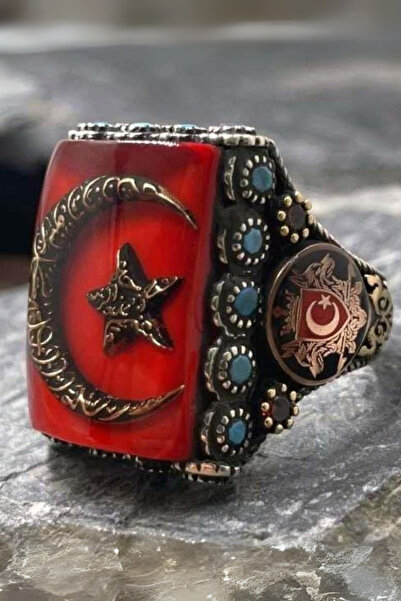 Diriliş Takı Kırmızı Mineli Ay Yıldız Kelime-i Tevhid Gümüş Yüzük