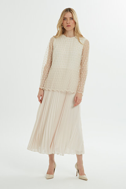 GİZİA Kolu Tül Detaylı Pliseli Ekru Elbise