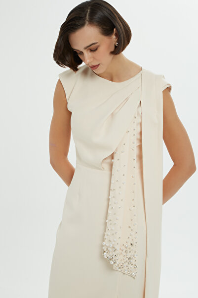 GİZİA Yan Yırtmaçlı Taş İşlemeli Uzun Bej Elbise