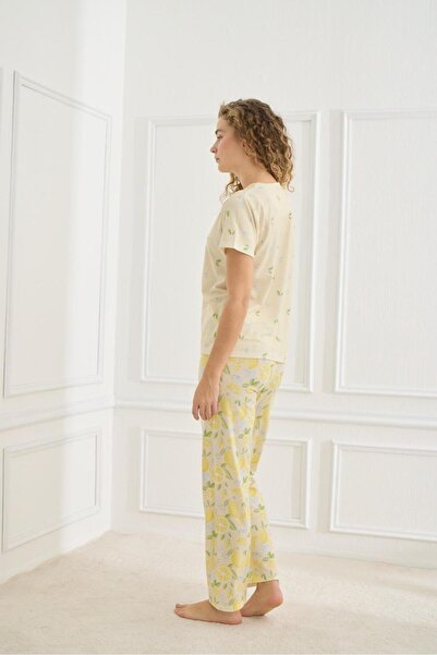 MEBA Women's Lycra Single Jersey Soft Textured Short Sleeve Yellow Hello Summer Written Single Jersey Combed Cotton Pajamas Set