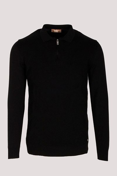 NCS Men's Polo Collar Knitwear Black Slim Fit Half Zipper Fish Back Pattern Cotton Sweater Jeans 3006