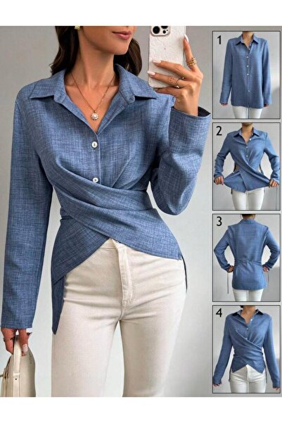 Moda Monisa Sofia Keten Gömlek | Önden Düğmeli, Arkaya Çapraz Bağlamalı, Mavi