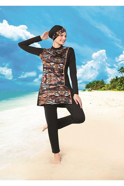 Ruko Maio 22126-3 Patterned Sleeve Piping Half Turtleneck Micro Lycra Full Hijab Swimsuit