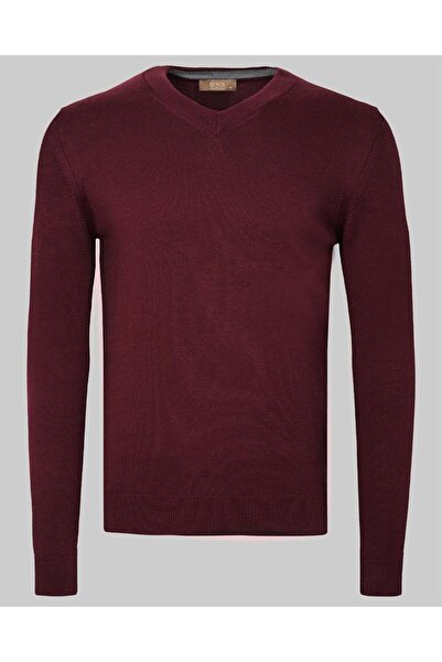 Erkek V Yaka Kazak Sık Örme Desenli Bordo Slim Fit Kazak NCS JEANS 3002