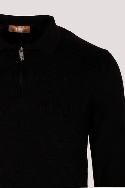 NCS Men's Polo Collar Knitwear Black Slim Fit Half Zipper Fish Back Pattern Cotton Sweater Jeans 3006