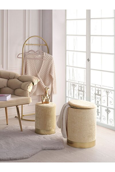 Eponj Home Comfort 2li Puf Yuvarlak Sandıklı Bej