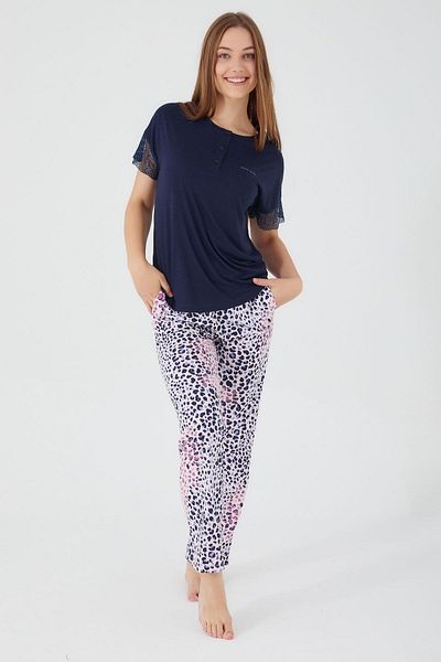Pierre Cardin 8563 Costum de pijama cu mânecă scurtă pentru femei, albastru bleumarin, cu mâneci din dantelă