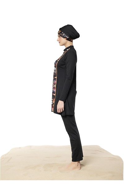 Ruko Maio 22126-3 Patterned Sleeve Piping Half Turtleneck Micro Lycra Full Hijab Swimsuit