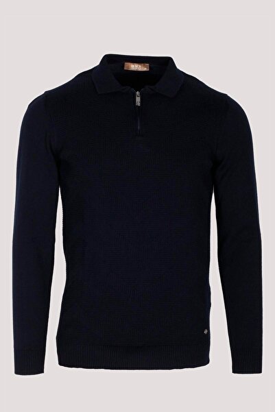 Erkek Polo Yaka Triko Lacivert Slim Fit Yarım Fermuarlı Balık Sırt Desenli Pamuklu Kazak NCS JEANS 3