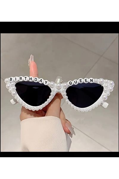 Store White Glasses with Pearl Decorations for Birthday Parties with Birthday Queen Writing