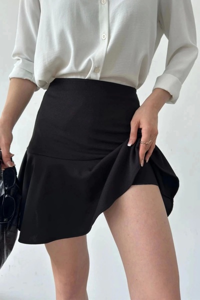 NO979 Kadın Siyah Esnek Şortlu Volanlı Pileli Viskon Kloş Şort Etek