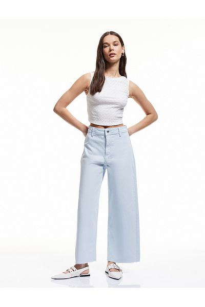 Koton Pantaloni din denim cu picioare largi, cu buzunare, cu nasturi, din bumbac - Culotte Jean