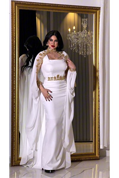 ZENABİYEM Zena Fashion Gold İşlemeli Yaka ve Kol Detaylı Abiye Kaftan