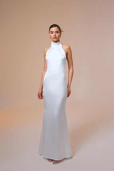 Mozto Halley Halter Yaka Макси бяла сатенена рокля