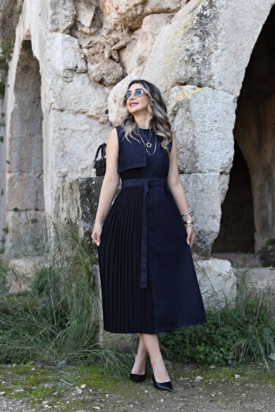 bytugcekaya Синя плисирана рокля от деним с гарнитура