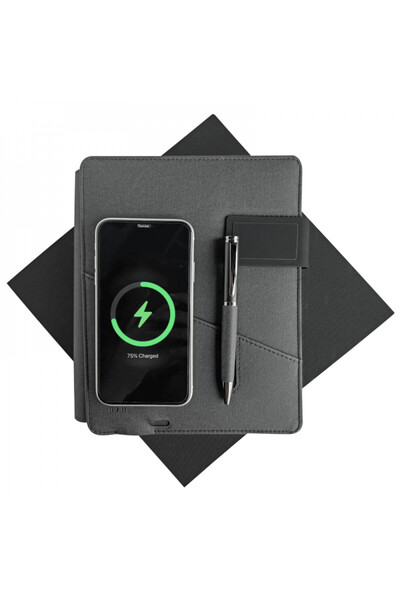 Genel Markalar Kişiye Özel Premium Powerbank Organizer Lüks Set – 8000 mAh Qi Kablosuz Şarjlı Defter & Metal Kalem