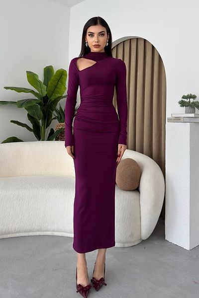 WOMAN VISION Women's Plum Stretchy Sandy Fabric Low-Cut Stand Collar Long Sleeve Midi Evening Dress 344