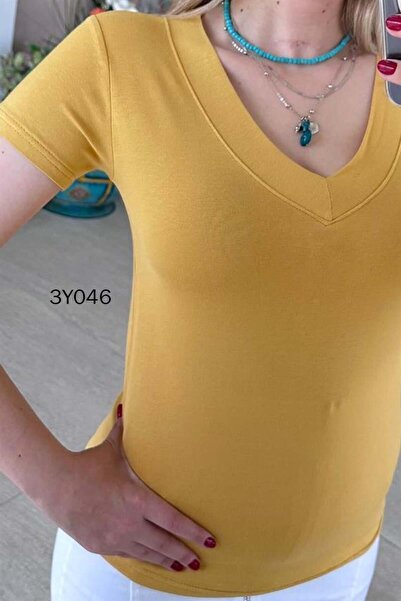 İnce Topuk V-Neck Cotton Viscose T-Shirt - 3y046