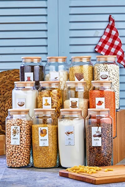 FBZhome 12 Adet Etiketli Kapaklı Cam Kavanoz Vakumlu Saklama Kabı Jumbo Boy 1300 Ml