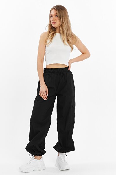 Grenj Fashion Black Parachute Fabric Woven Jogger Pants with Elastic Waist Stoppers