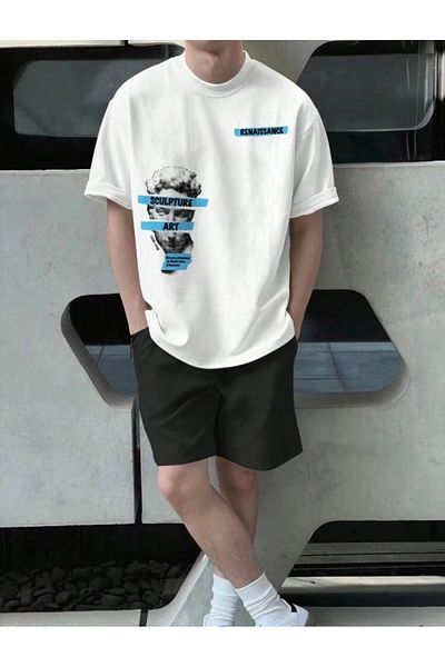 DEZZİİ White Art Printed Bottom Top Shorts T-Shirt Set