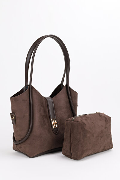 NOTHING Women's Long Strap Shoulder and Crossbody Bag with Suede Bitter Brown Lock Detail Makeup Bag
