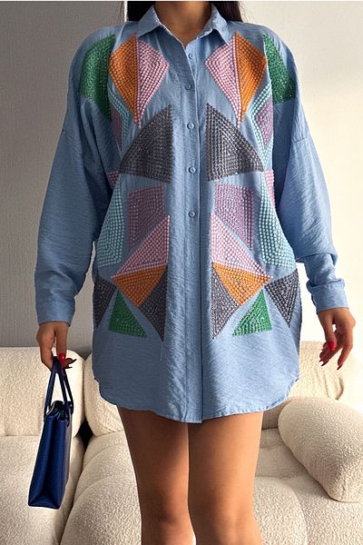 FEMELLE Cămașă oversize cu broderie completă și paiete, albastru baby, mărime standard