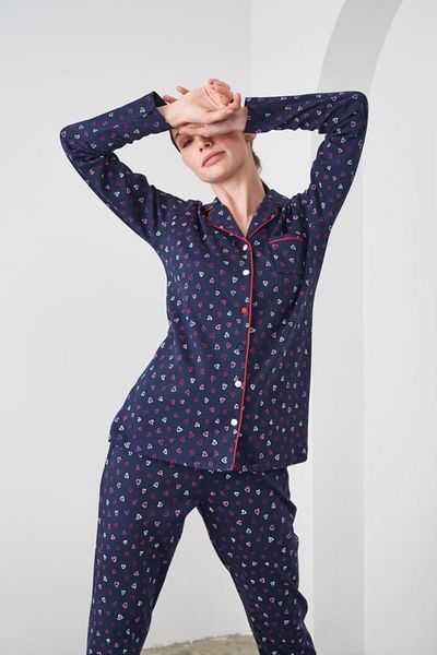 PJS 24542 Set de pijamale pentru femei, cu model de inimă, albastru bleumarin