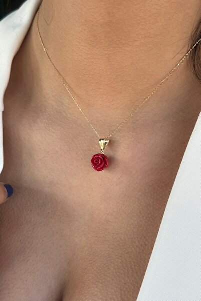 Utku Kuyumculuk 14 AYAR KIRMIZI GÜL ALTIN KOLYE