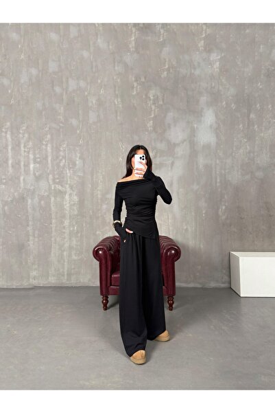 Marbella Women's Off-The-Shoulder Draped Asymmetrical Blouse & Wide Leg Pants Set