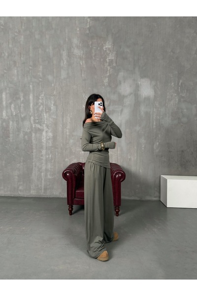 Marbella Kadın Omzu Açık Drapeli Asimetrik Bluz & Bol Paça Pantolon Takım