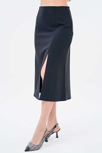Saade Black Slit Detailed Midi Woven Skirt