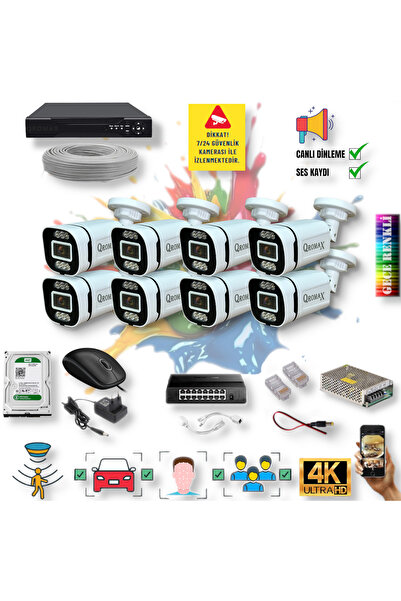 qromax 8 Kameralı Yapay Zekalı Gece Renkli ve Sesli 6 Warm Ledli 4K FULLHD IP Güvenlik Kamerası Seti 4386WS