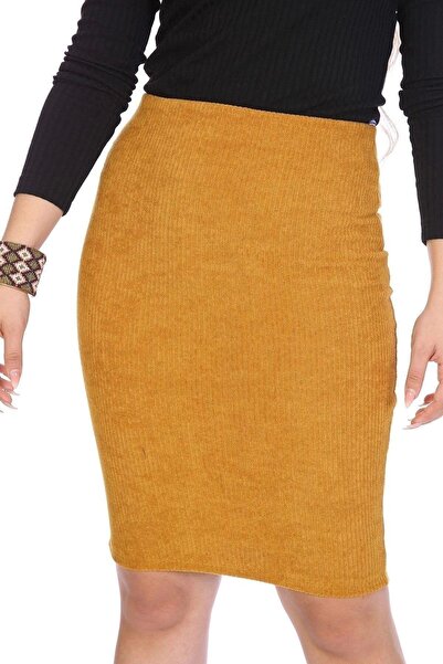 Genel Markalar Apsen Kadın Hardal Renk Beli Lastikli Kadife Kalem Kışık Etek 2120-65