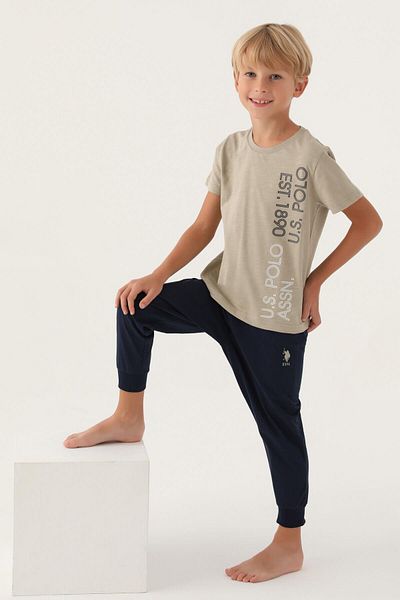 U.S. Polo Assn. Set de pijamale pentru băieți, drepte, kaki deschis, licențiat Polo Assn