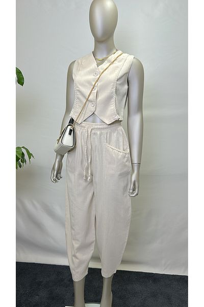 owwon Women's Beige Knit Detailed Vest Pants Bottom Top Special Design Linen Set
