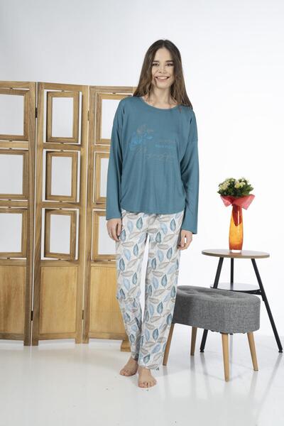 Estiva 24119 Жіночий піжамний комплект з віскози з листяним візерунком - літній комплект з довгими рукавами