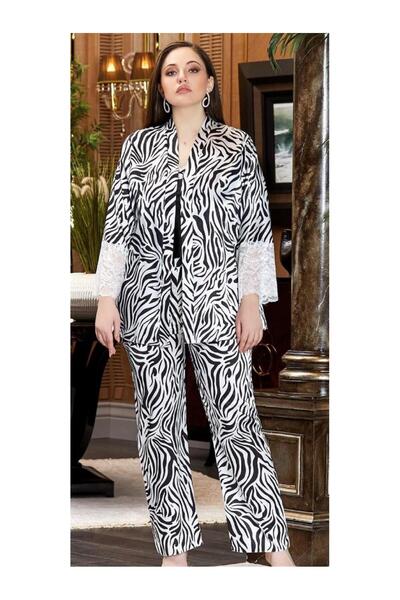 GOLDOREMİ Jeremi 3249 Silk Satin Oversize Triple Lace Nightgown Dressing Gown Set