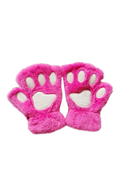 CAŞ DEKORASYON Dark Pink Plush Children's Gloves with Paw Figure