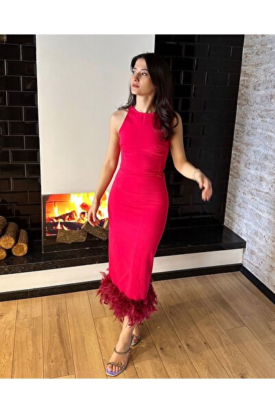 Shop Krutzo Vişne Çürüğü Fuşya Tüylü Otriş Detaylı Midi Boy Abiye Nişan Söz N...