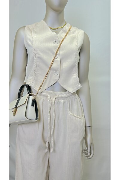 owwon Women's Beige Knit Detailed Vest Pants Bottom Top Special Design Linen Set