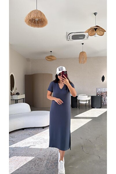 Buket Teke Anthracite Short Sleeve V-Neck Basic Dress