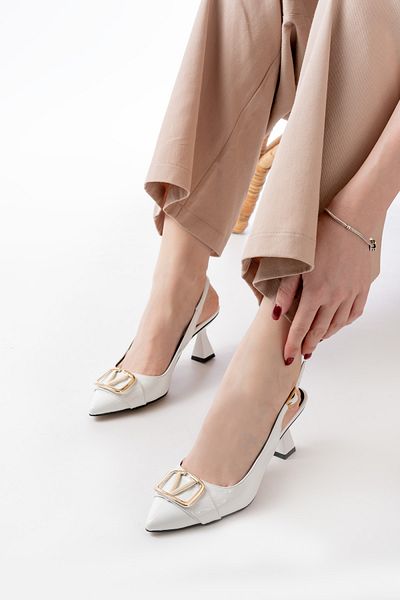 Santamarina Women's Sante Buckle Detailed White Patent Leather Open Back Champagne Heeled Shoes